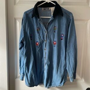 Vintage Embroidered Nutcracker Christmas Chambray Button Down Shirt